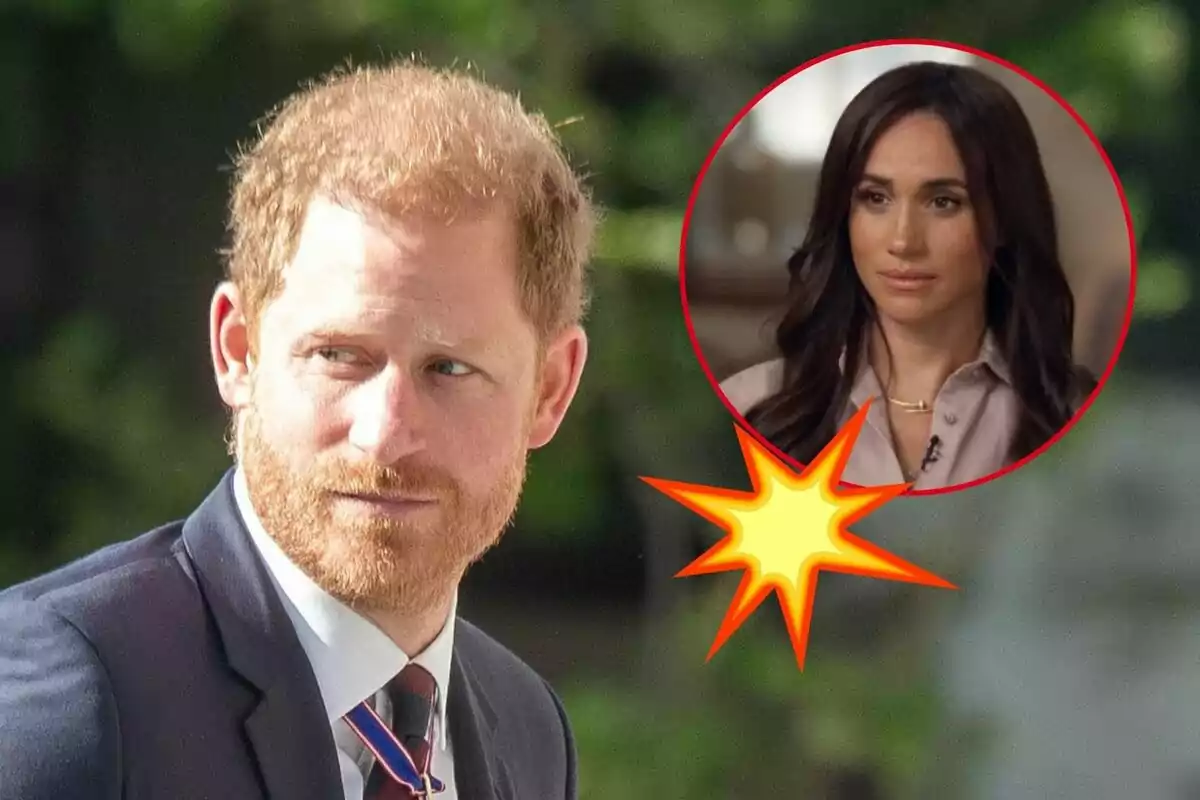 El príncipe Harry con barba pelirroja y traje oscuro mira hacia un lado, mientras que en la esquina superior derecha hay un círculo con la imagen de Meghan Markle de cabello oscuro y expresión seria, destacada con un efecto de explosión amarilla. El príncipe Harry con barba pelirroja y traje oscuro mira hacia un lado, mientras que en la esquina superior derecha hay un círculo con la imagen de Meghan Markle de cabello oscuro y expresión seria, destacada con un efecto de explosión amarilla.