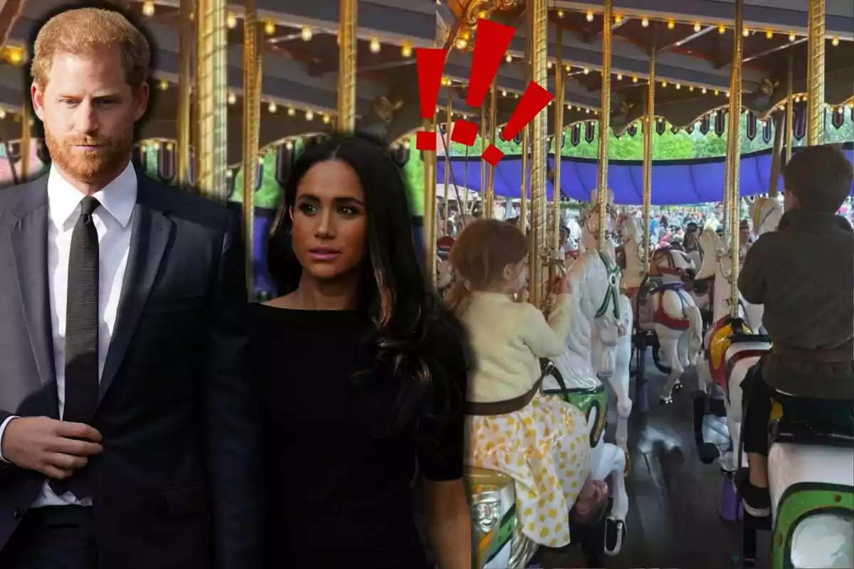 El príncipe Harry y Meghan Markle vestida de manera elegante al frente de un carrusel con Lilibet y Archie montados en caballos y signos de exclamación rojos sobre ellos