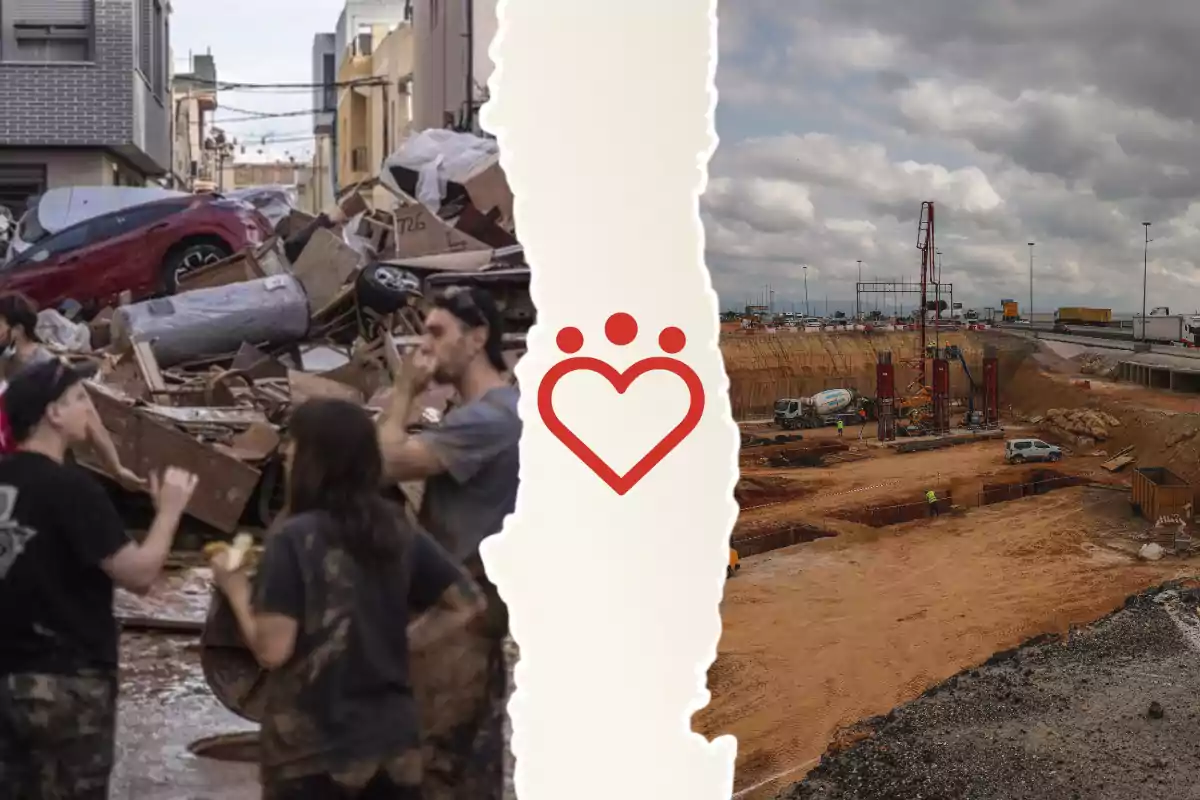Imagen dividida en dos partes, a la izquierda personas entre escombros y autos dañados en una calle, a la derecha una obra de construcción con maquinaria y trabajadores, en el centro un corazón rojo estilizado