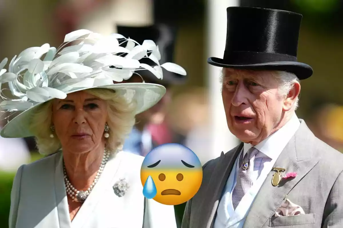 La reina Camila y Carlos III elegantemente vestidas con sombreros formales y un emoji de cara preocupada con una gota de sudor en el centro de la imagen