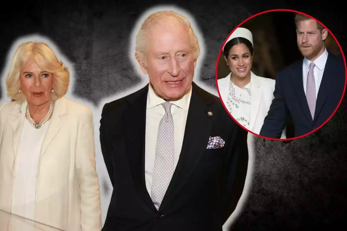 Queen Camilla and Charles III dressed formally with a circular image of Meghan Markle and Prince Harry in the upper right corner on a dark background.