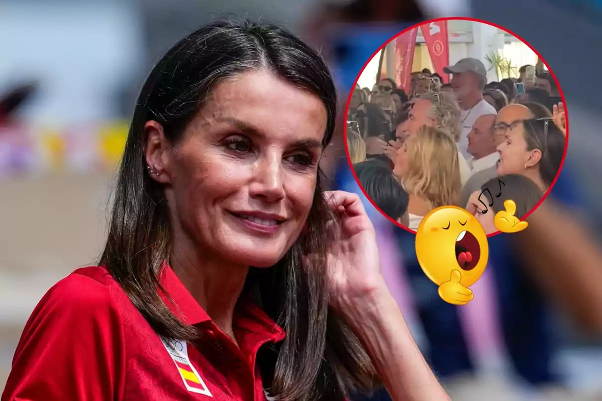 Letizia con una camiseta roja y una insignia de España en el pecho, con una imagen circular en la esquina superior derecha que muestra a un grupo de personas cantando, acompañada de un emoji de canto.