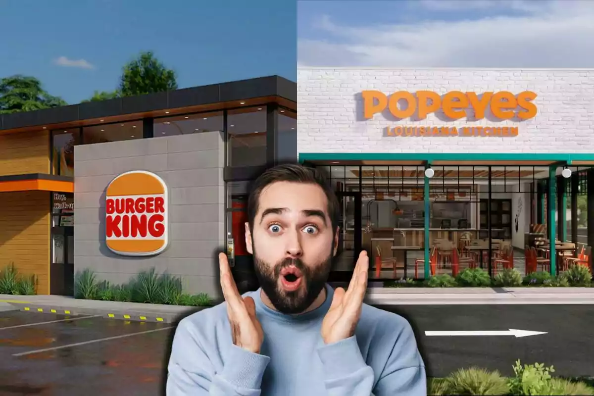 Un hombre sorprendido frente a los restaurantes de Burger King y Popeyes.