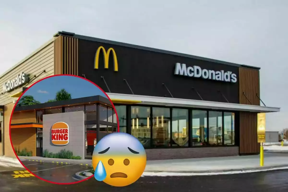 Un restaurante de McDonald's con un círculo que muestra un Burger King y un emoji de cara preocupada con una gota de sudor.