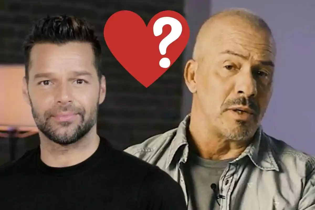 Ricky Martin y Nacho Palau con un corazón rojo y un signo de interrogación en el centro.