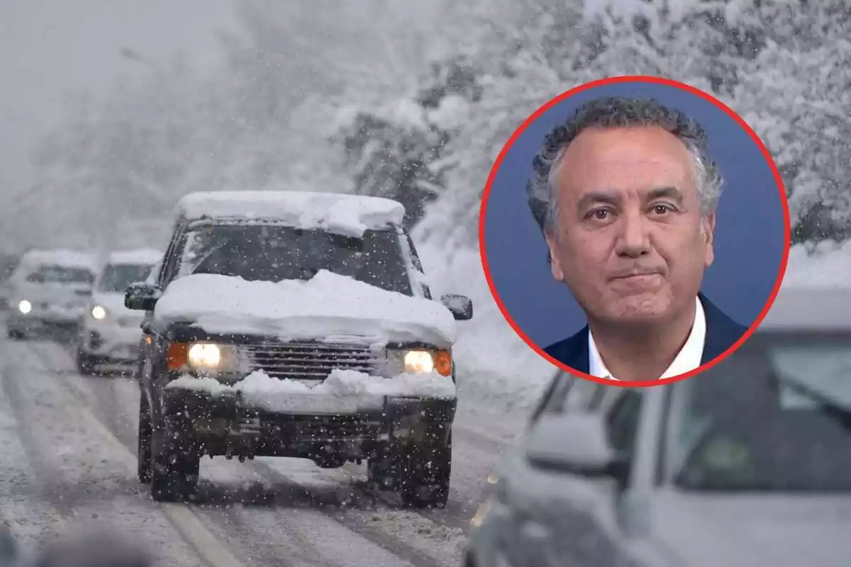 Montaje con Roberto Brasero y un coche atravesando una intensa nevada en Huesca