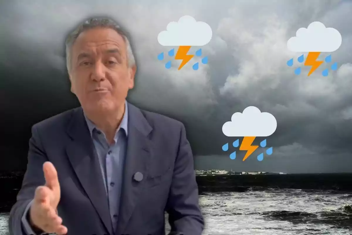 Un hombre con traje oscuro gesticula frente a un fondo de cielo nublado y mar agitado con iconos de nubes de tormenta y relámpagos. Un hombre con traje oscuro gesticula frente a un fondo de cielo nublado y mar agitado con iconos de nubes de tormenta y relámpagos.