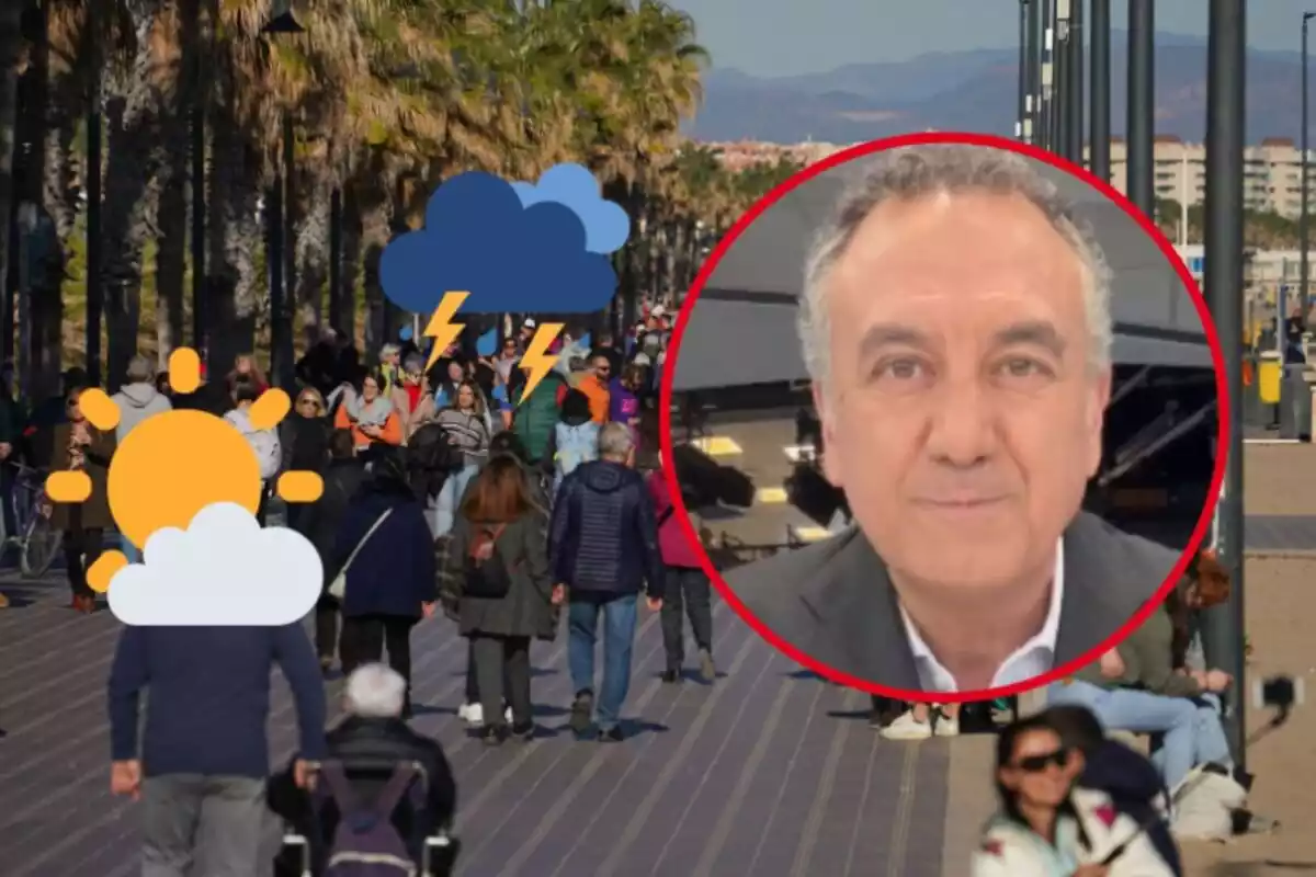 Montaje con Roberto Brasero en un círculo, una calle llena y emojis de lluvia y sol