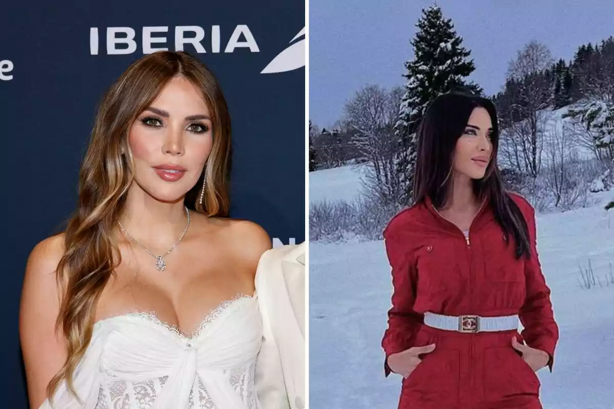 Rosanna Zanetti con vestido blanco en un evento y Pilar Rubio con chaqueta roja en un paisaje nevado.