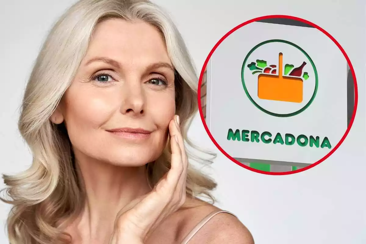 Montaje con el rostro de una mujer de edad avanzada y un círculo con el logo de Mercadona