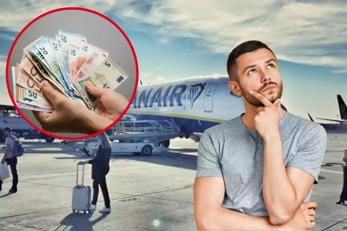 Montaje de un avión de Ryanair, un hombre pensativo y unos billetes