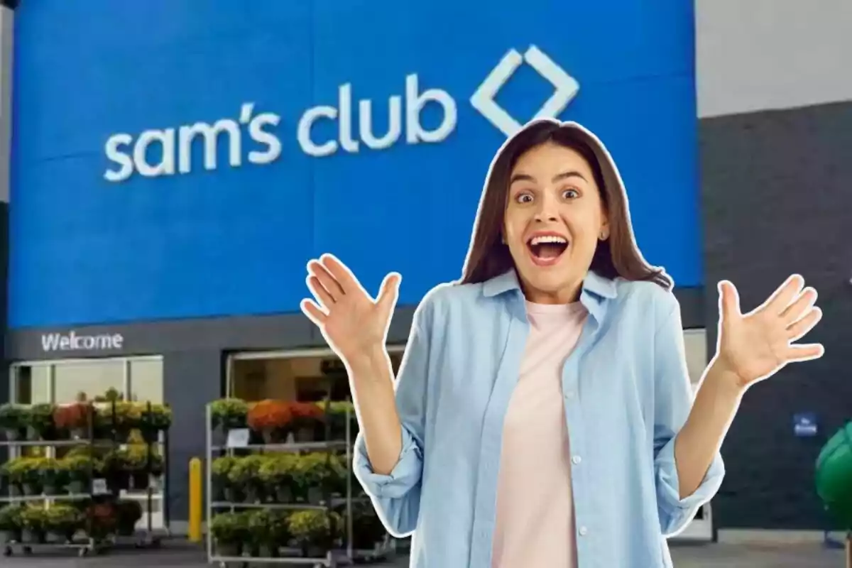 Mujer joven con expresión de sorpresa y alegría frente a la entrada de una tienda Sam's Club