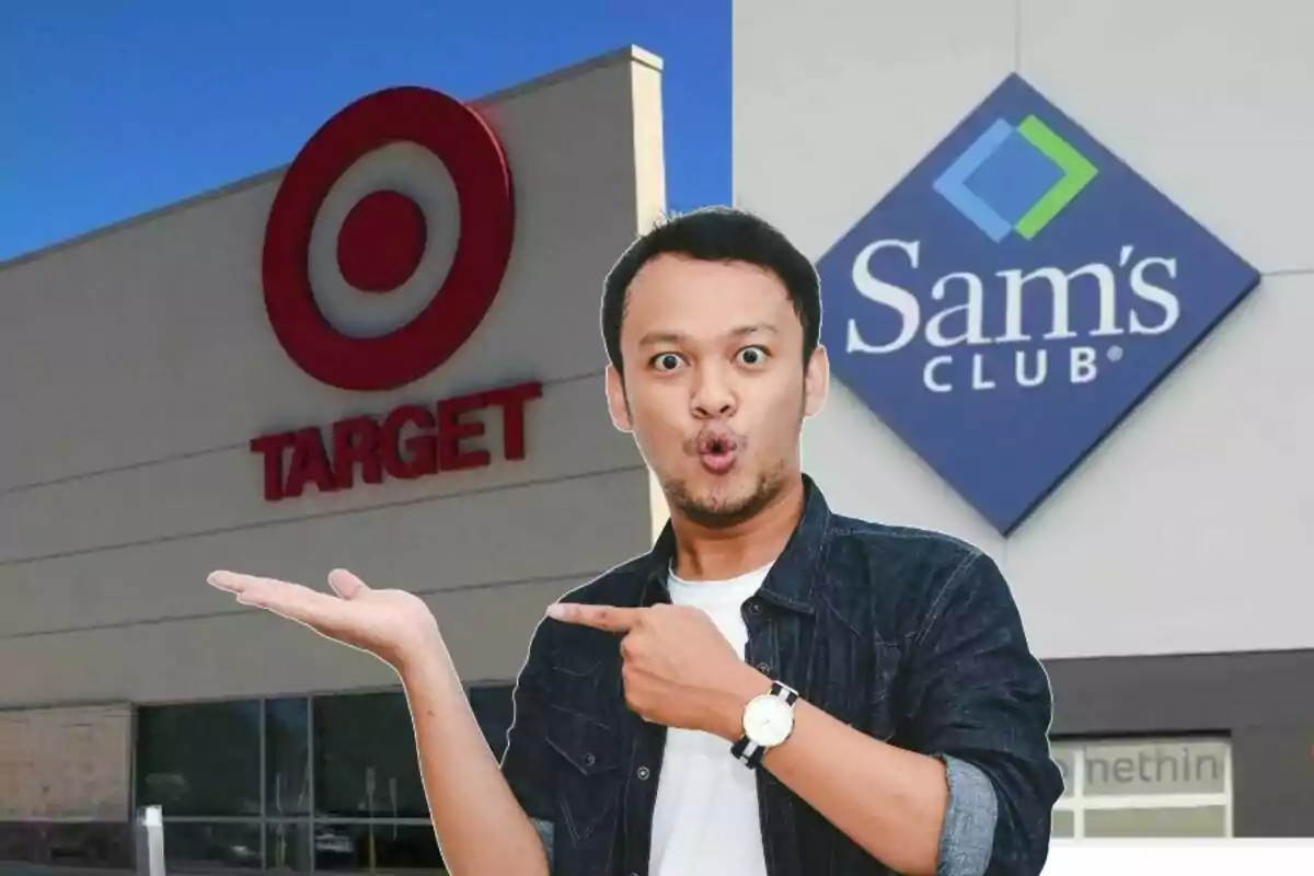 Hombre sorprendido señalando hacia los logotipos de Target y Sam's Club en el fondo