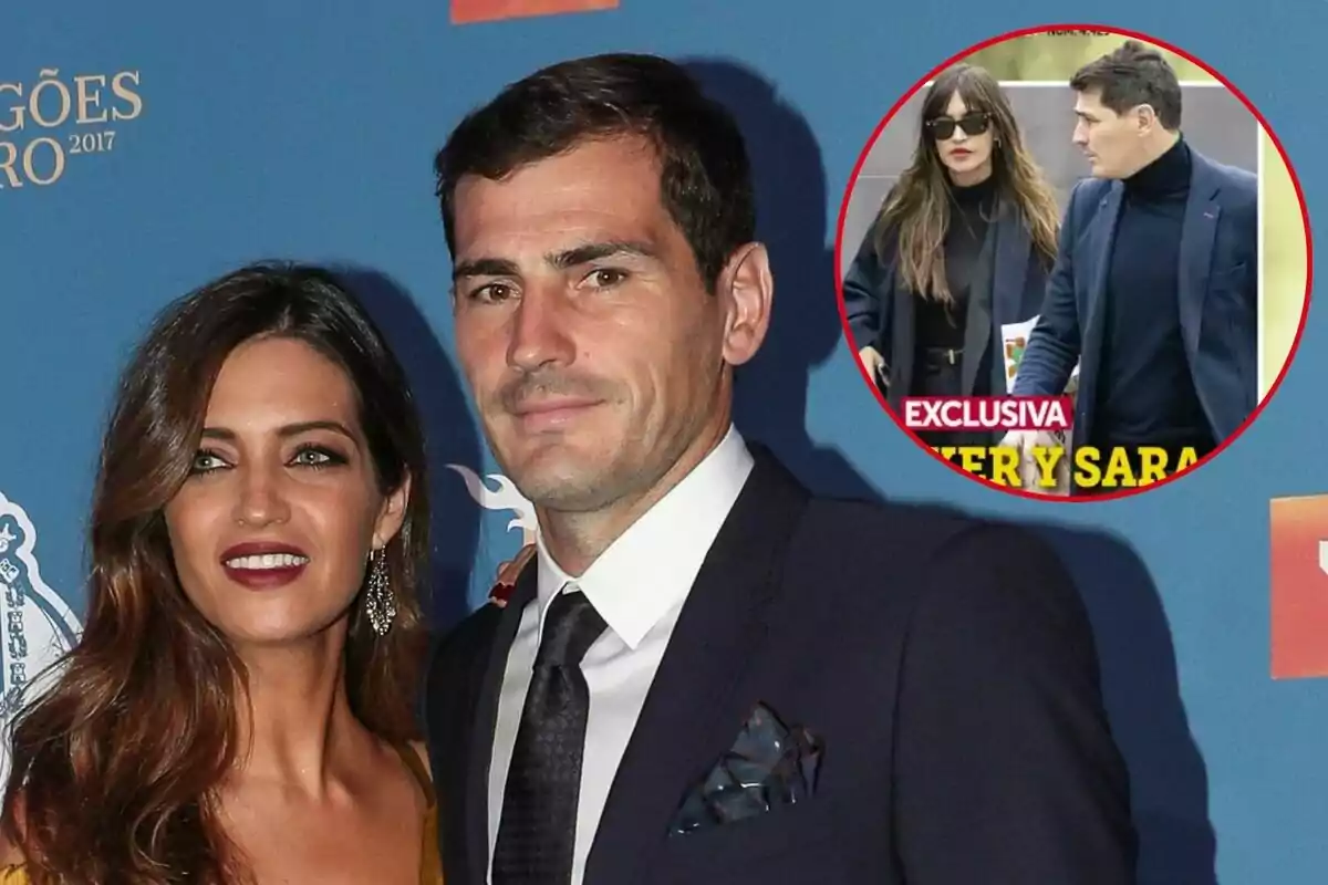 Sara Carbonero e Iker Casillas posando en un evento con un recuadro que muestra una imagen de ellos caminando juntos.