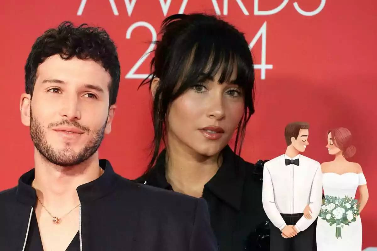 Sebastian Yatra y Aitana posando frente a un fondo rojo con la palabra "AWARDS" y el número "2024", junto a una ilustración de una pareja de novios.