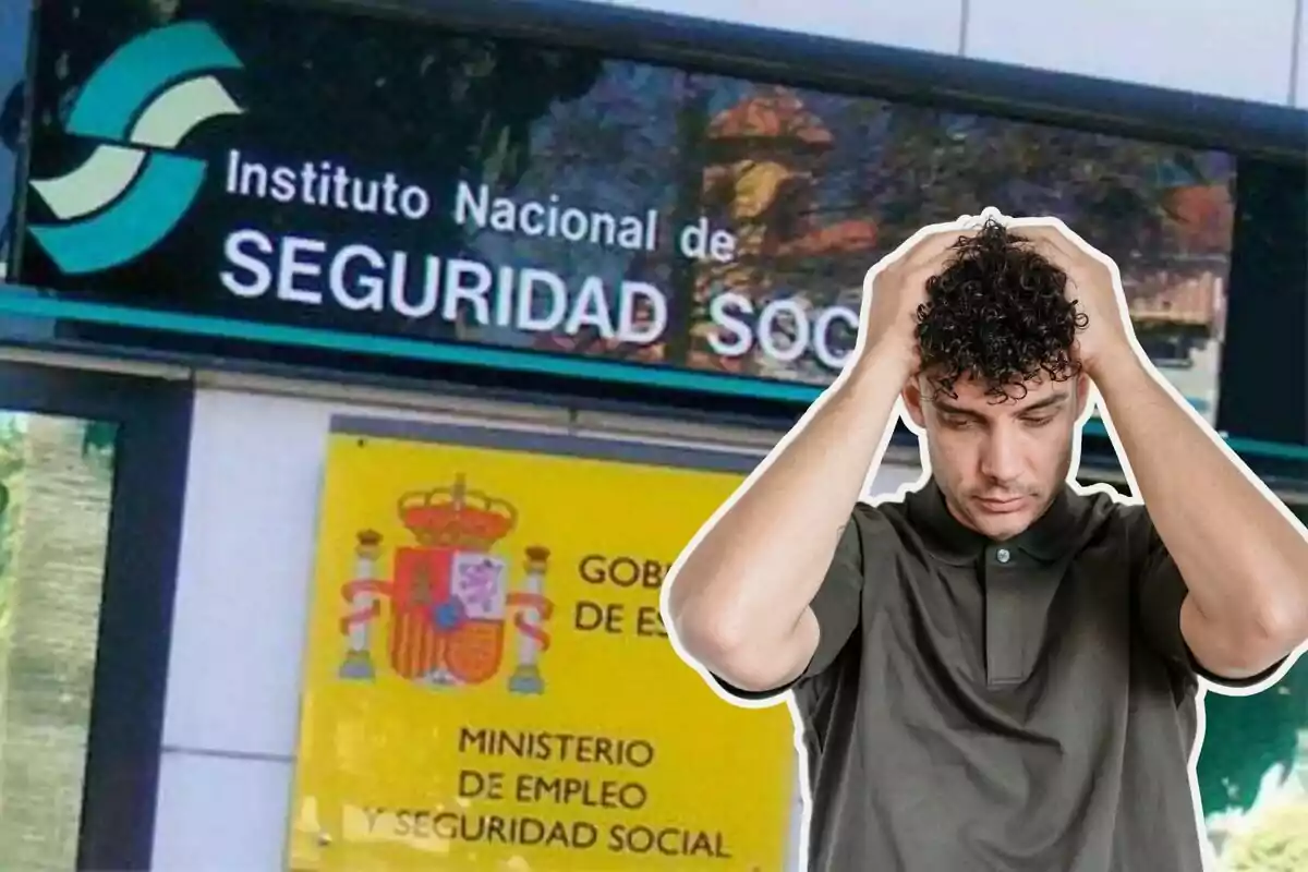 Un hombre con las manos en la cabeza frente a un edificio del Instituto Nacional de Seguridad Social en España.