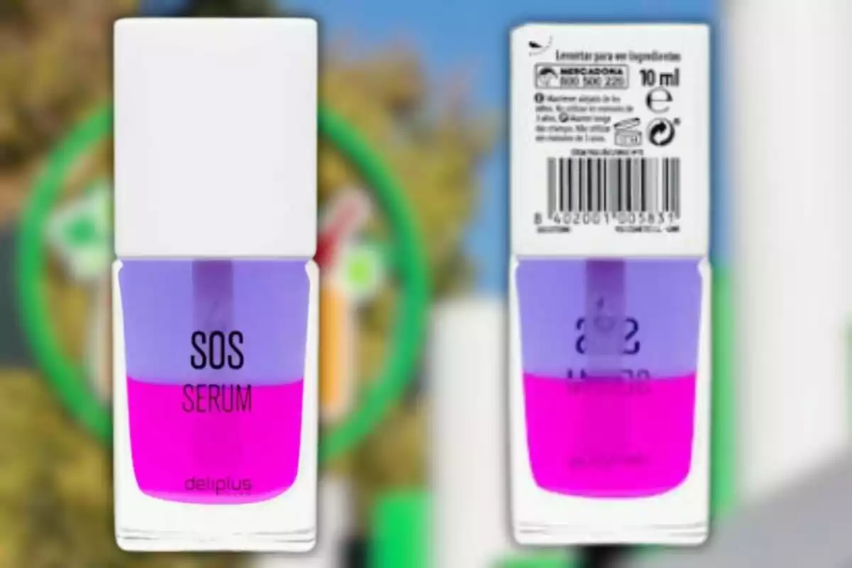 Frasco de esmalte bicolor con tapa blanca y la etiqueta SOS Serum de la marca Deliplus, mostrado de frente y de reverso Frasco de esmalte bicolor con tapa blanca y la etiqueta SOS Serum de la marca Deliplus, mostrado de frente y de reverso