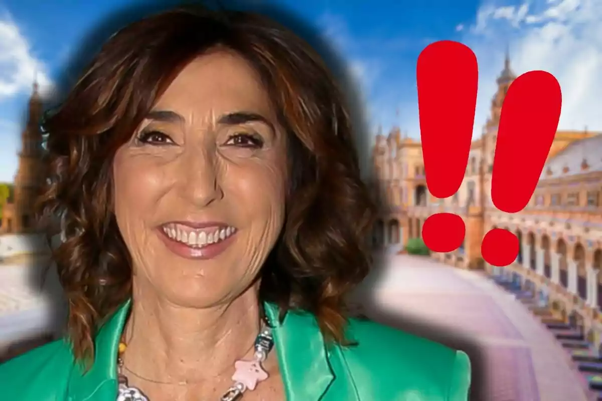Paz Padilla sonriente con cabello castaño y una chaqueta verde aparece frente a un fondo arquitectónico con signos de exclamación rojos.