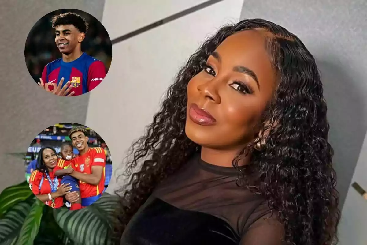 Una mujer con cabello rizado posa para la cámara, mientras en dos círculos se muestran imágenes de un joven futbolista con uniforme del Barcelona y otra imagen de él con una mujer y un niño, todos vistiendo camisetas de la selección española.