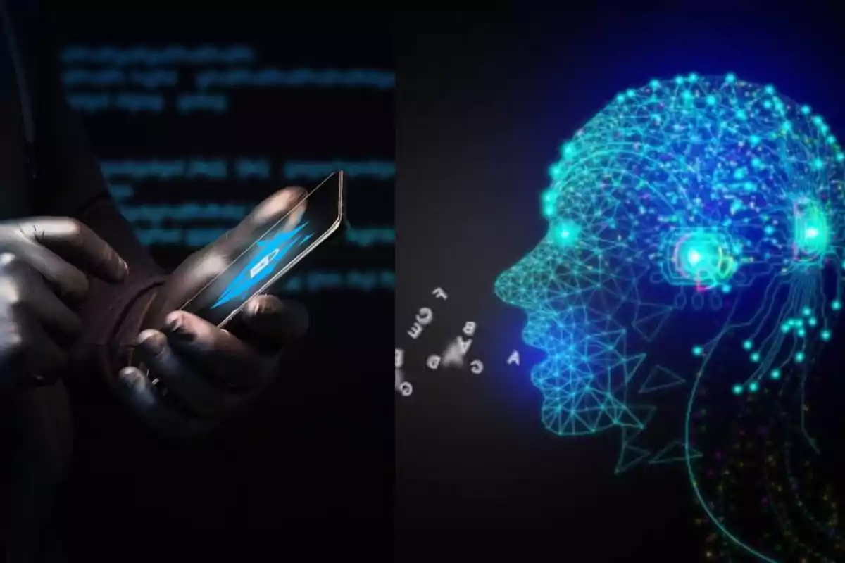 Una mano con guantes sosteniendo un teléfono móvil con un candado en la pantalla junto a una representación digital de una cabeza humana con conexiones y letras flotando.