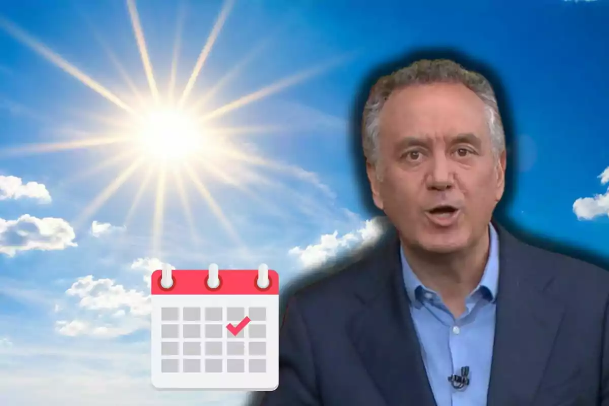 Hombre hablando con fondo de cielo soleado y un calendario con marca de verificación. Hombre hablando con fondo de cielo soleado y un calendario con marca de verificación.