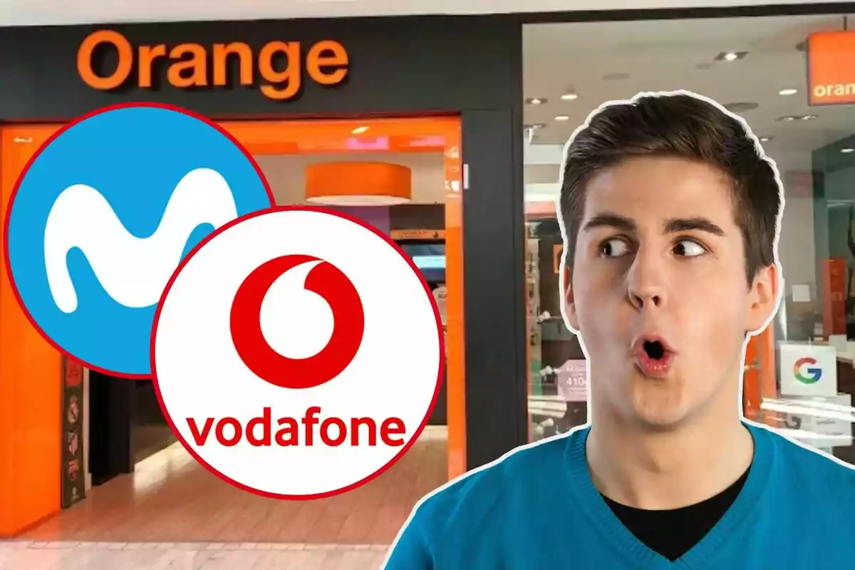 Un hombre sorprendido frente a una tienda de Orange con los logotipos de Movistar y Vodafone superpuestos.