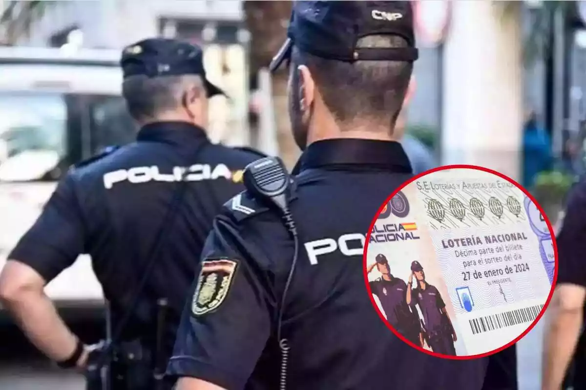 Montaje de dos policías nacional y un décimo de lotería