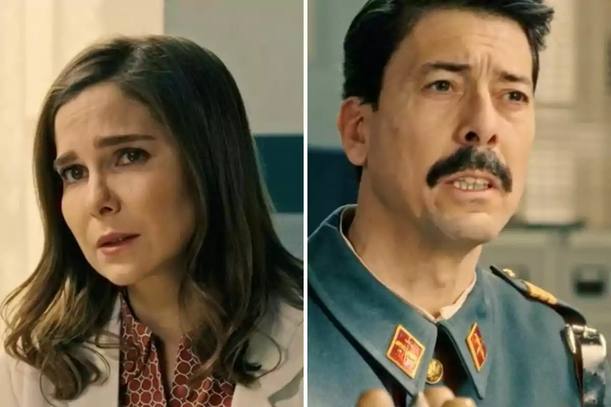 Begoña y el sargento Pontón en primer plano, una mujer con expresión seria y un hombre con bigote vestido con uniforme militar, ambos en ambientes interiores. Begoña y el sargento Pontón en primer plano, una mujer con expresión seria y un hombre con bigote vestido con uniforme militar, ambos en ambientes interiores.