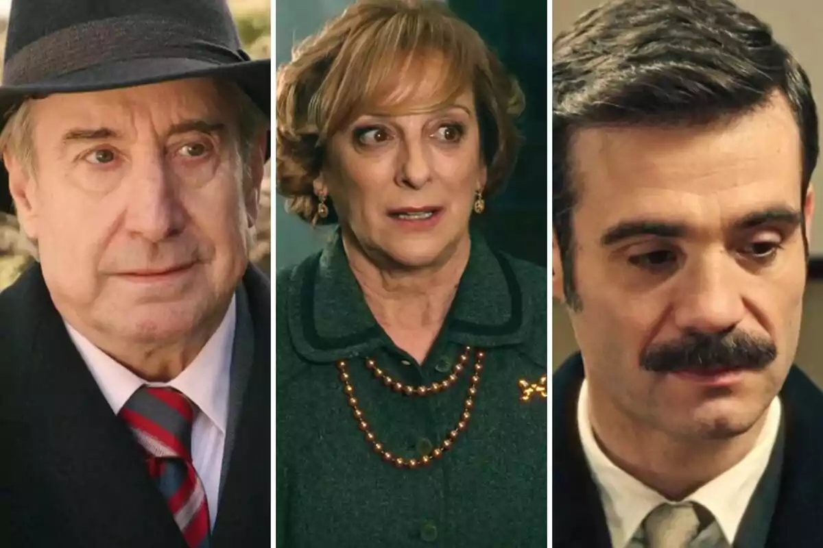 Don Pedro, Irene y Joaquín con expresiones serias y vestimenta de época, un hombre mayor con sombrero, una mujer con collar de perlas y un hombre con bigote Don Pedro, Irene y Joaquín con expresiones serias y vestimenta de época, un hombre mayor con sombrero, una mujer con collar de perlas y un hombre con bigote