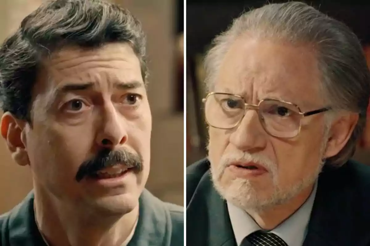 Sargento Pontón y Damián con expresiones serias están teniendo una conversación intensa uno es más joven con bigote y el otro es mayor con gafas y barba canosa Sargento Pontón y Damián con expresiones serias están teniendo una conversación intensa uno es más joven con bigote y el otro es mayor con gafas y barba canosa