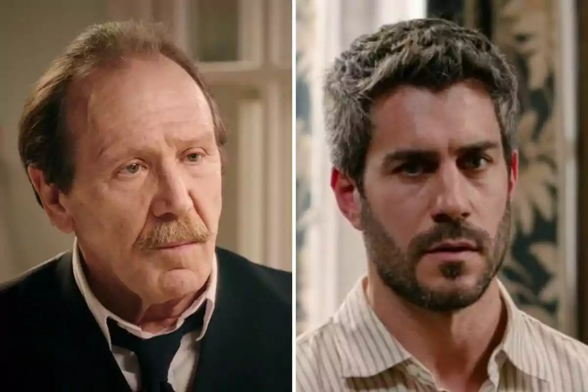 Isidro y Andrés en una escena de una serie o película, uno mayor con bigote y el otro más joven con barba, ambos con expresiones serias.