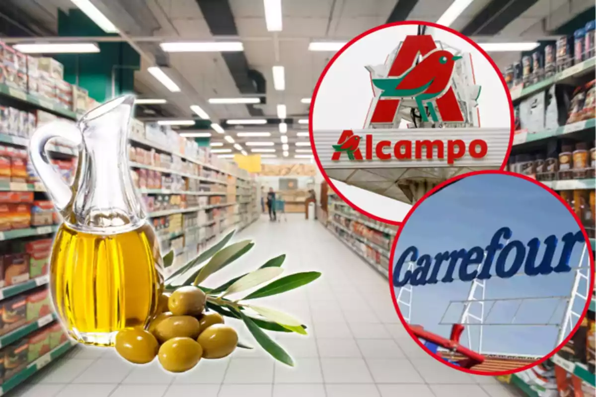 Imagen de un supermercado con un pasillo lleno de productos en los estantes, en primer plano se ve una botella de aceite de oliva con aceitunas y ramas de olivo, y en la parte superior derecha hay dos logotipos de supermercados, uno de Alcampo y otro de Carrefour.