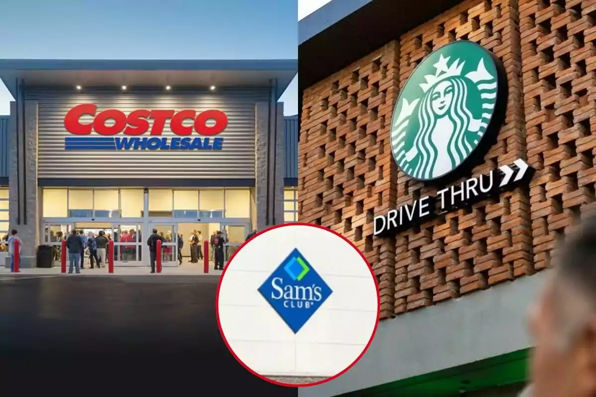 Storefronts of Costco and Starbucks with the Sam's Club logo in a red circle in the center.