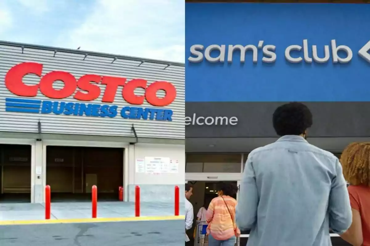 Facades of Costco Business Center and Sam's Club with people entering.