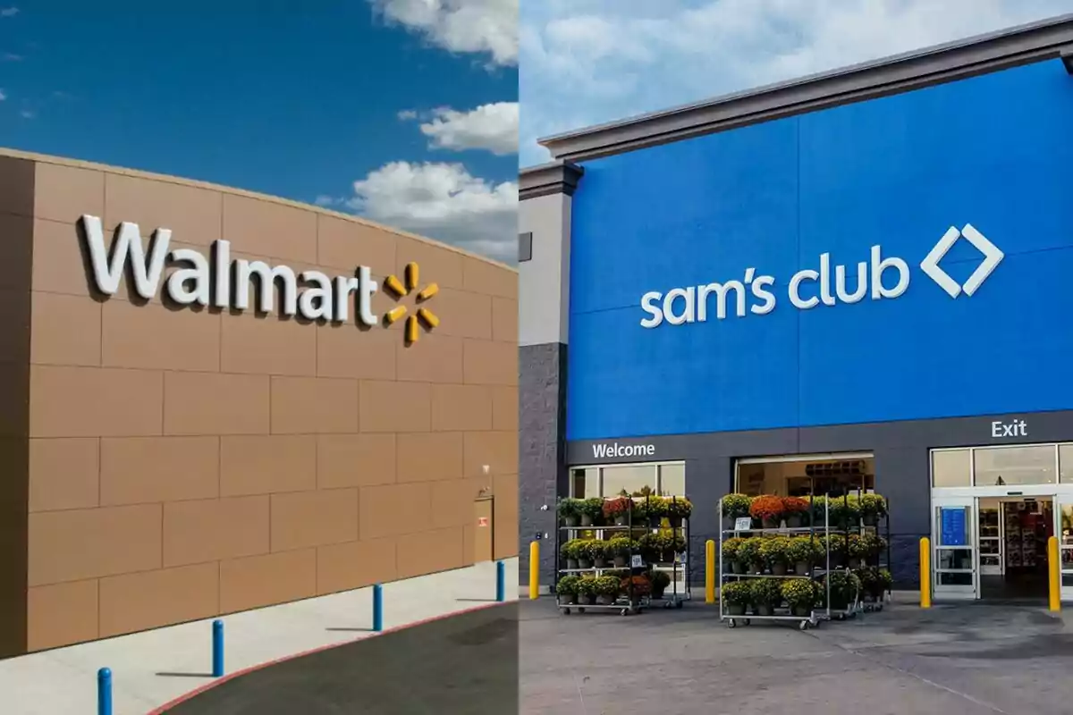 Fachadas de tiendas de Walmart y Sam's Club con cielos despejados.