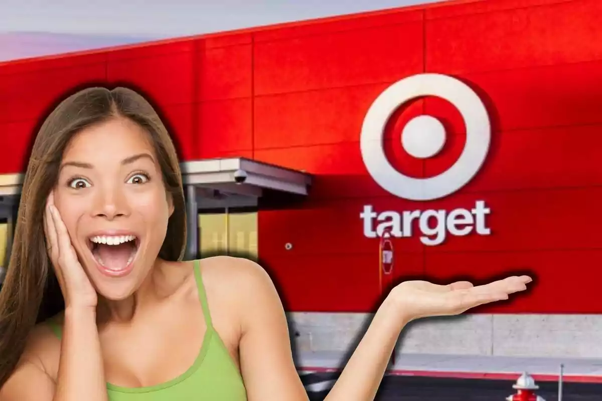 A smiling woman with an expression of surprise and excitement, with one hand raised, in front of a red building with the Target logo. A smiling woman with an expression of surprise and excitement, with one hand raised, in front of a red building with the Target logo.