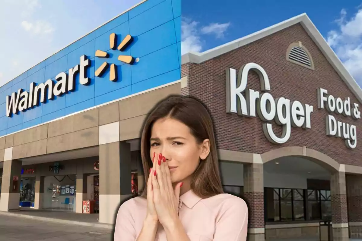 Una mujer con expresión preocupada está superpuesta entre las fachadas de dos tiendas, una de Walmart y otra de Kroger. Una mujer con expresión preocupada está superpuesta entre las fachadas de dos tiendas, una de Walmart y otra de Kroger.