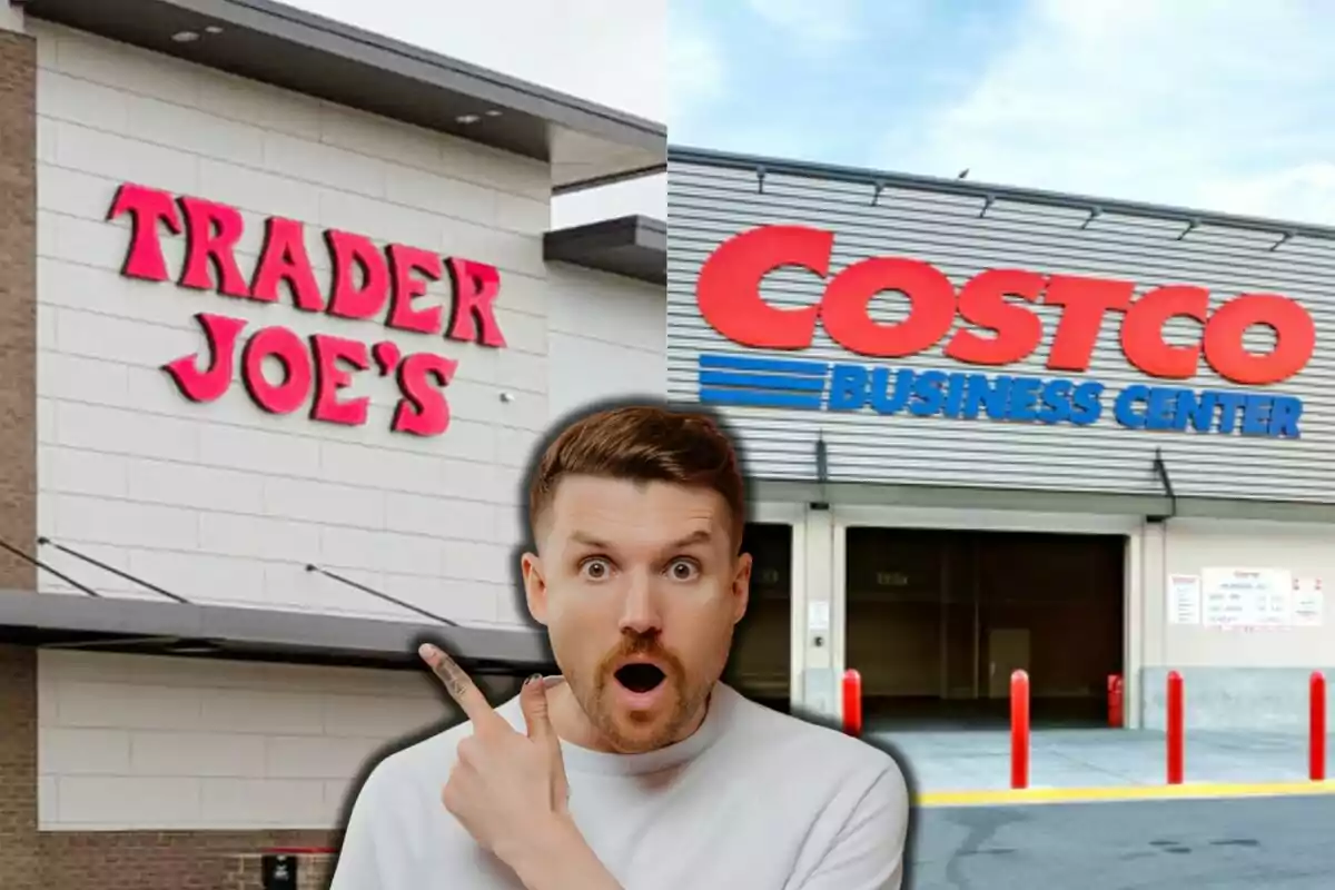 Un hombre sorprendido señala hacia dos tiendas, una de Trader Joe's y otra de Costco Business Center.