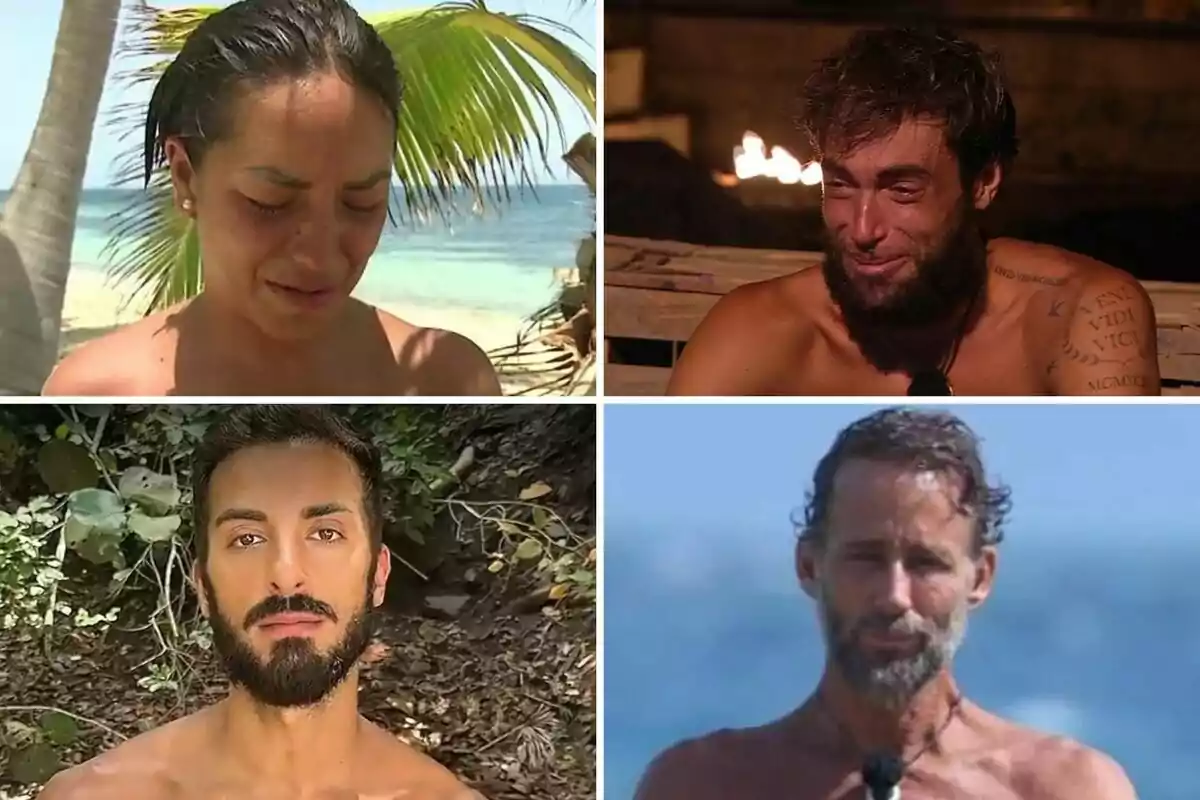 Anita, Montoya, Borja González y Álvaro Muñoz Escassi con expresiones serias y fondo de playa o naturaleza, en lo que parece ser un reality de supervivencia. Anita, Montoya, Borja González y Álvaro Muñoz Escassi con expresiones serias y fondo de playa o naturaleza, en lo que parece ser un reality de supervivencia.