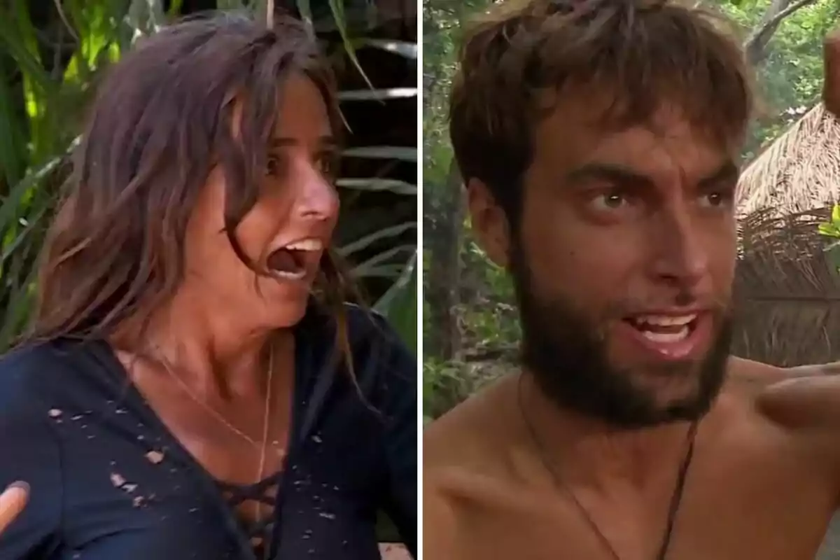 Carmen Alcayde y Montoya en la selva con expresiones de sorpresa y emoción. Carmen Alcayde y Montoya en la selva con expresiones de sorpresa y emoción.
