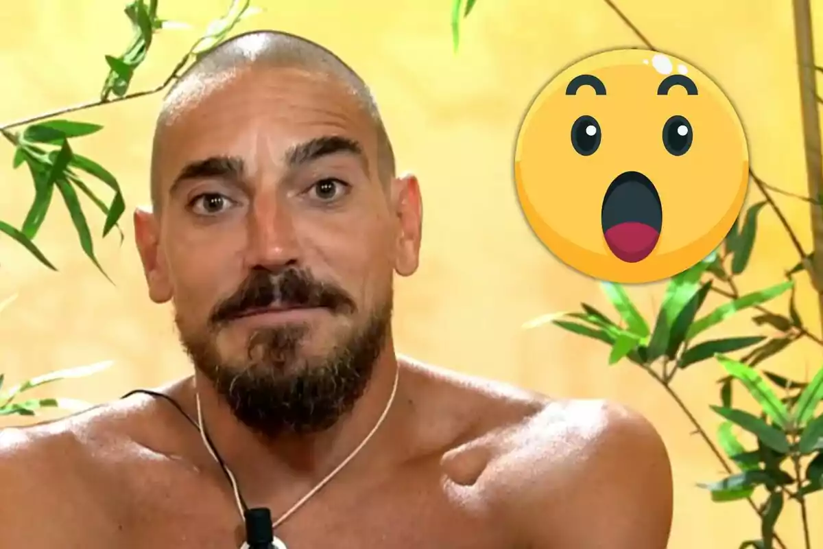Damián Quintero con expresión seria junto a un emoji de sorpresa sobre un fondo amarillo con plantas verdes