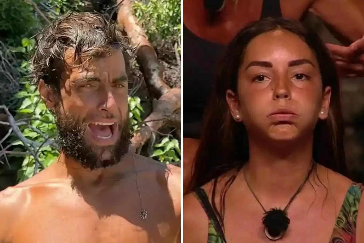 Montoya y Anita en diferentes ambientes, un hombre con barba y expresión de sorpresa al aire libre y una mujer con expresión seria en un entorno interior Montoya y Anita en diferentes ambientes, un hombre con barba y expresión de sorpresa al aire libre y una mujer con expresión seria en un entorno interior