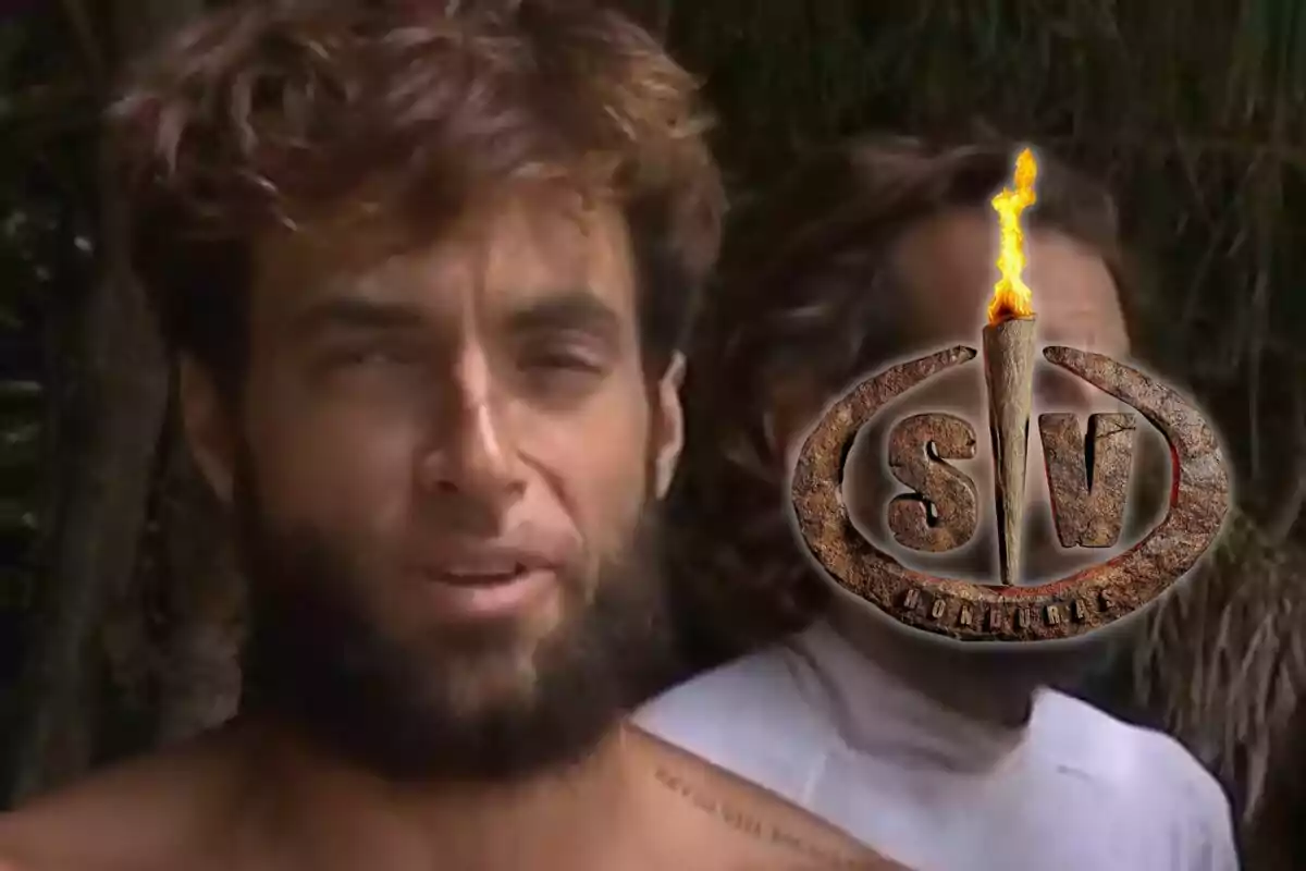 Montoya aparece en un entorno natural con un logotipo superpuesto que tiene una antorcha encendida.