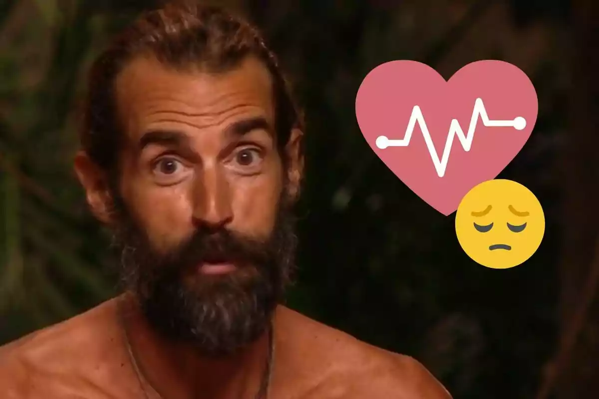 Álex Adrover con expresión seria, junto a un corazón con línea de pulso y una carita triste