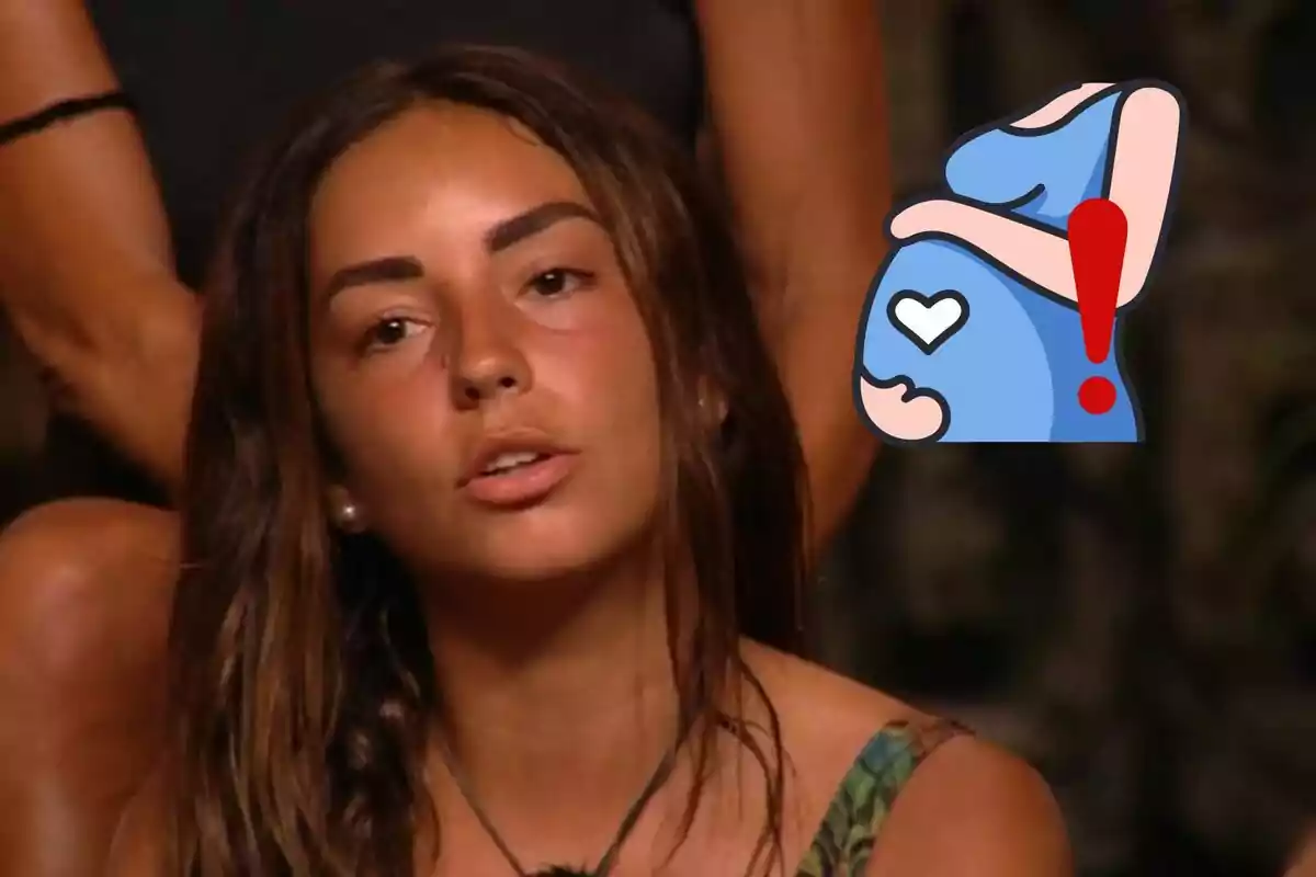 Anita con expresión seria y un dibujo de una mujer embarazada con un signo de exclamación en el fondo