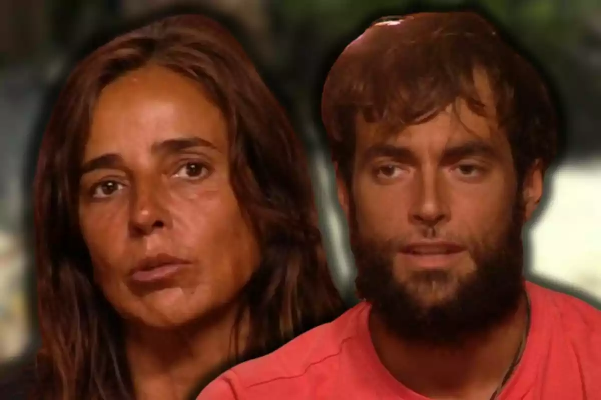 Carmen Alcayde y Montoya con expresiones serias, una mujer a la izquierda y un hombre con barba a la derecha, ambos con un fondo desenfocado.