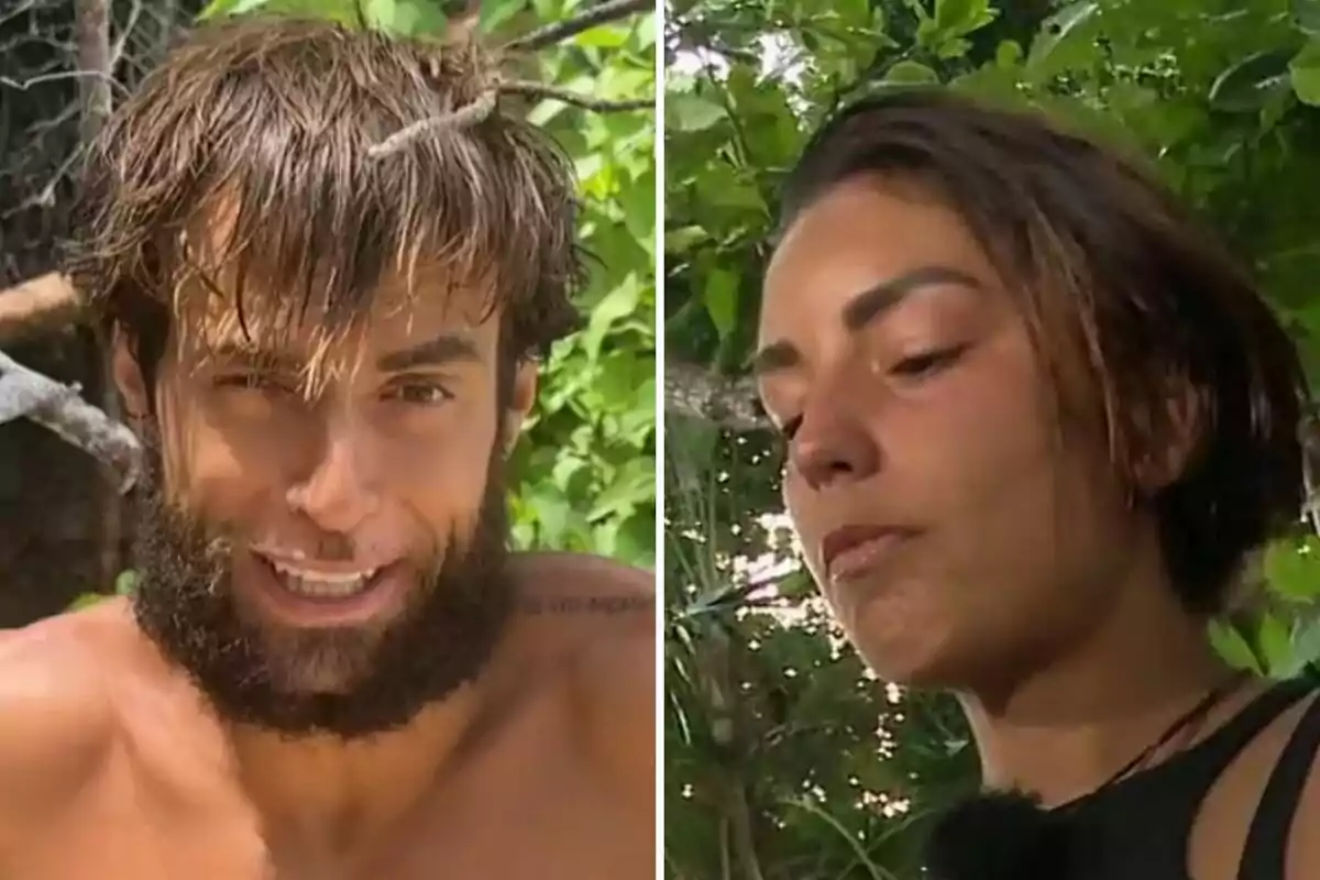 Montoya y Anita en la selva, un hombre con barba y el torso desnudo a la izquierda y una mujer de cabello corto y expresión seria a la derecha, ambos rodeados de vegetación. Montoya y Anita en la selva, un hombre con barba y el torso desnudo a la izquierda y una mujer de cabello corto y expresión seria a la derecha, ambos rodeados de vegetación.