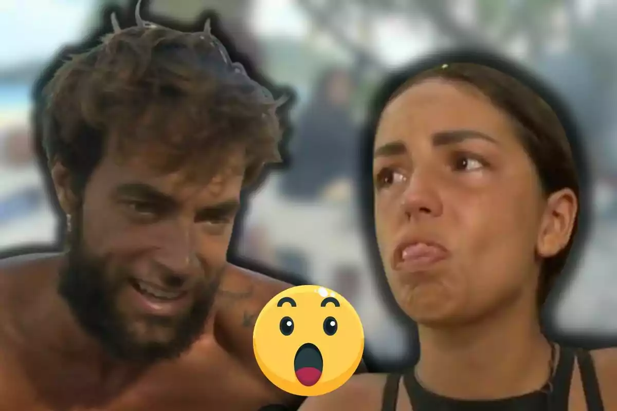 Montoya sonríe mientras Anita llora y saca la lengua, en el centro hay un emoji de cara sorprendida
