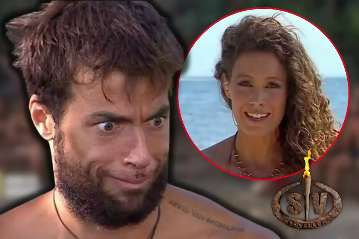 Montoya con expresión sorprendida y Laura Madrueño en un recuadro circular sobre un fondo de playa, con un logotipo en la esquina inferior derecha.