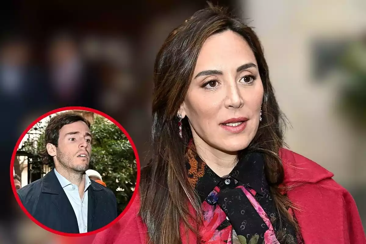 Montaje de Tamara Falcó vestida de rosa con el cabello suelto en primero plano y foto de Íñigo Onieva en primer plano vestido de negro, ambos mirando al mismo lado